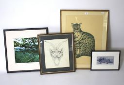 Four prints and drawings. Including a etching of a pig 'Mrs P', 23cm x 11.