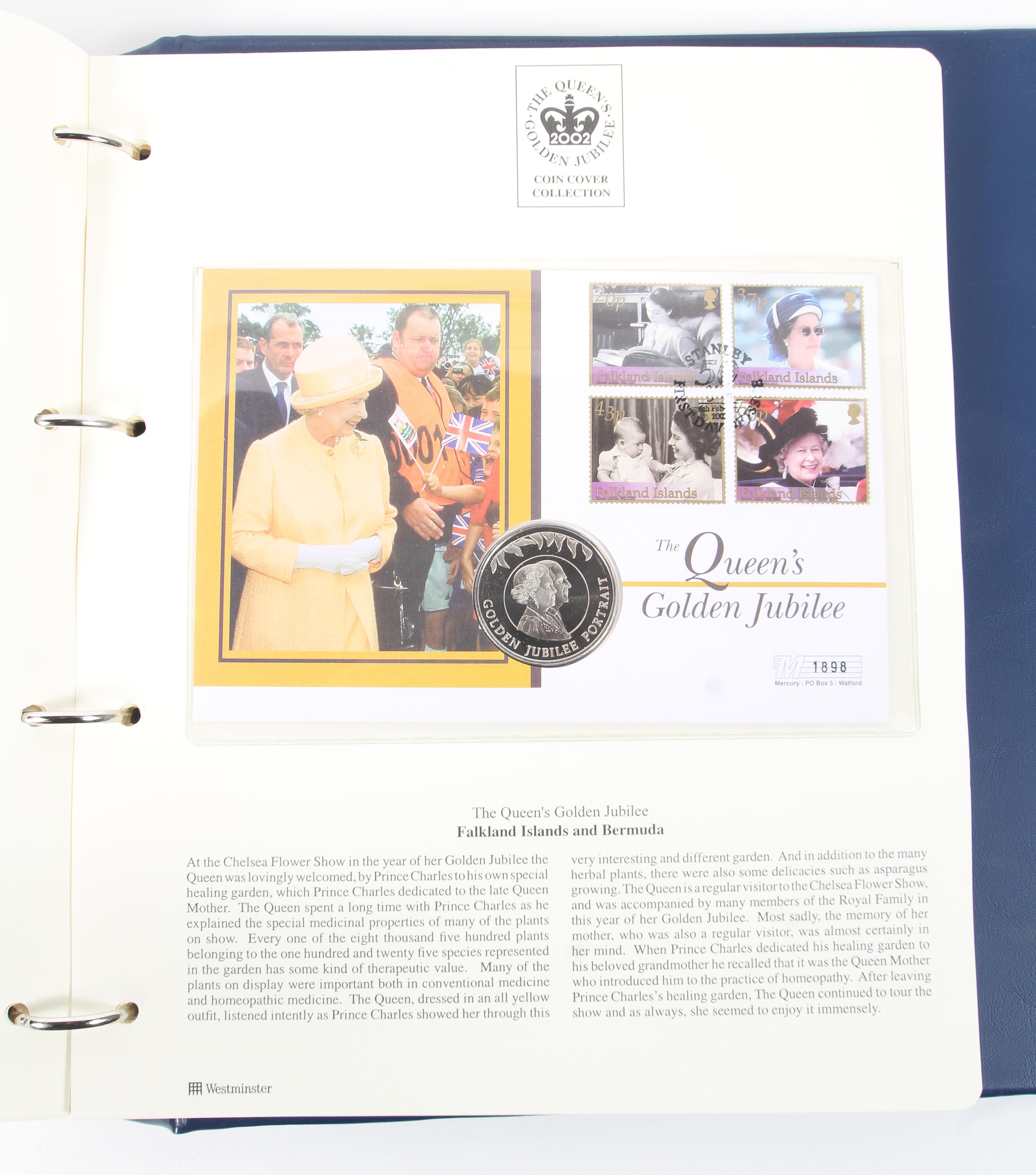 A folder containing The Queen's Golden Jubilee Coin First Day covers