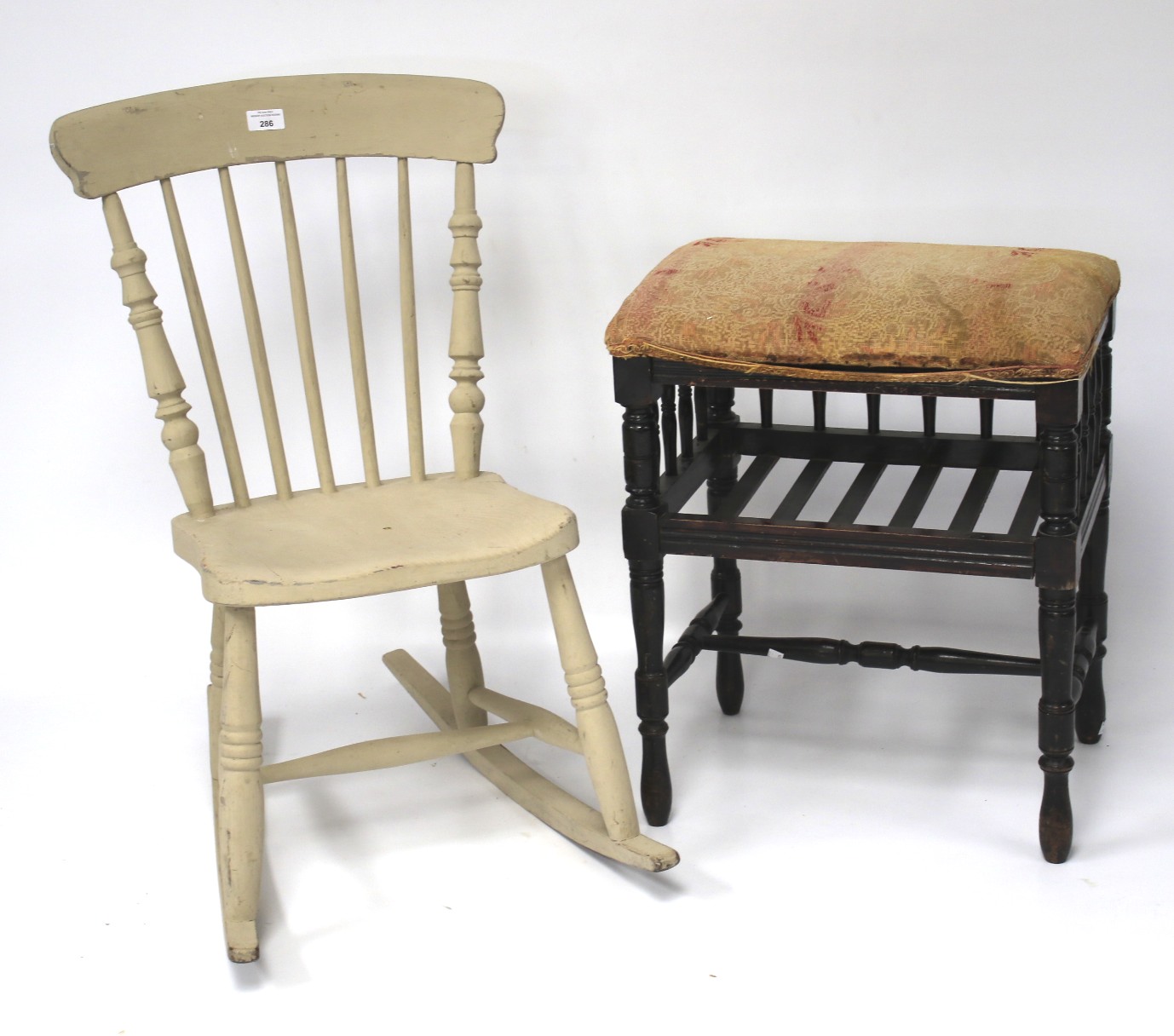 A child's painted rocking chair and a 19th century ebonised footstool.