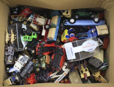 A box of assorted diecast models, cars, buses and commercial vehicles,