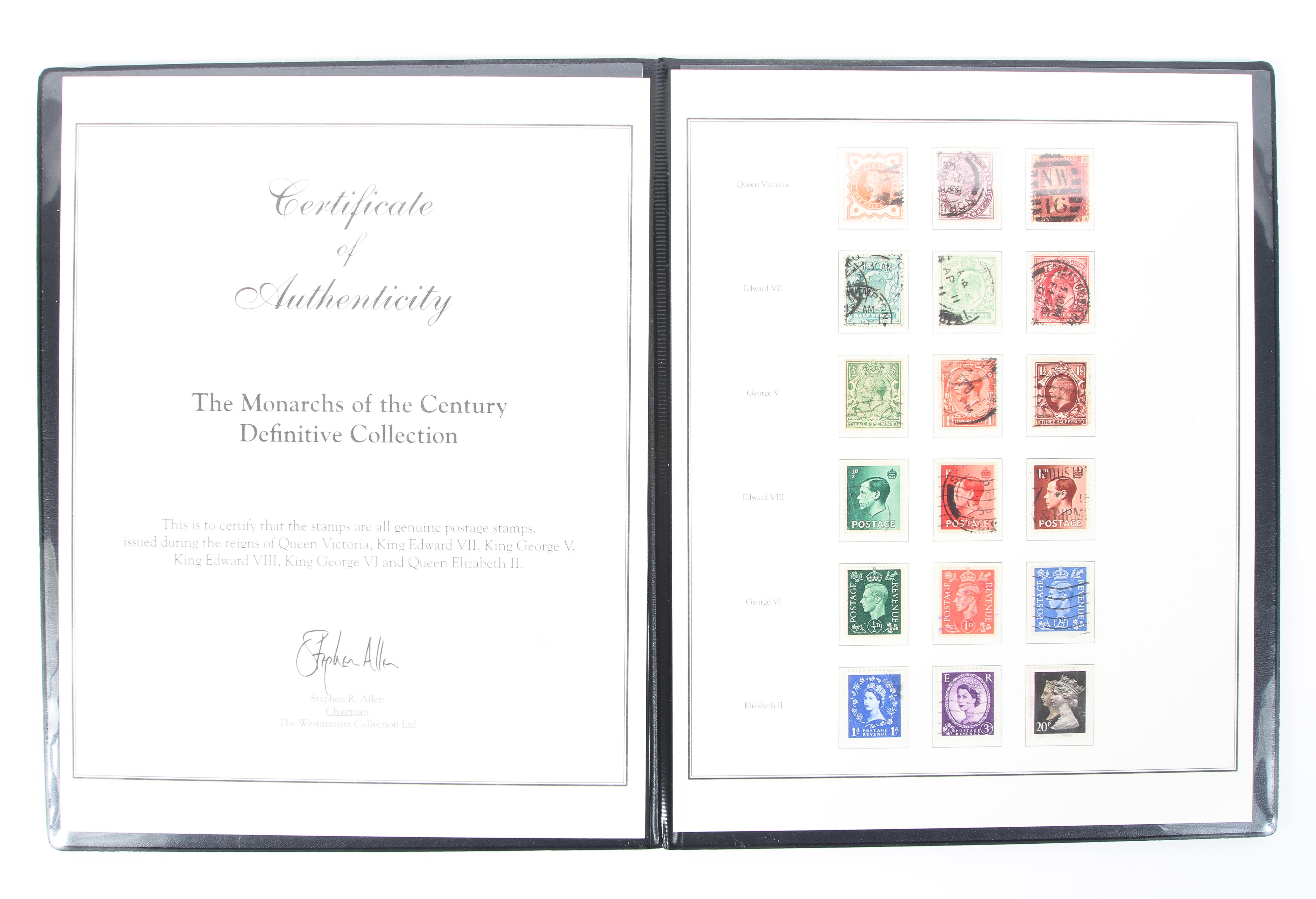 A Westminster Collection Ltd folder containing a Monarchs of the Century Definitive Stamp