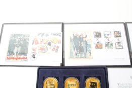 A Memories of the 60s Beatles covers, 2 stamp covers, 6 large gold plated coins,