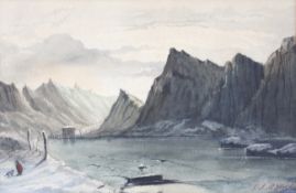 F S McClatchie (late 19th/early 20th century) watercolour of a mountainous lake landscape.