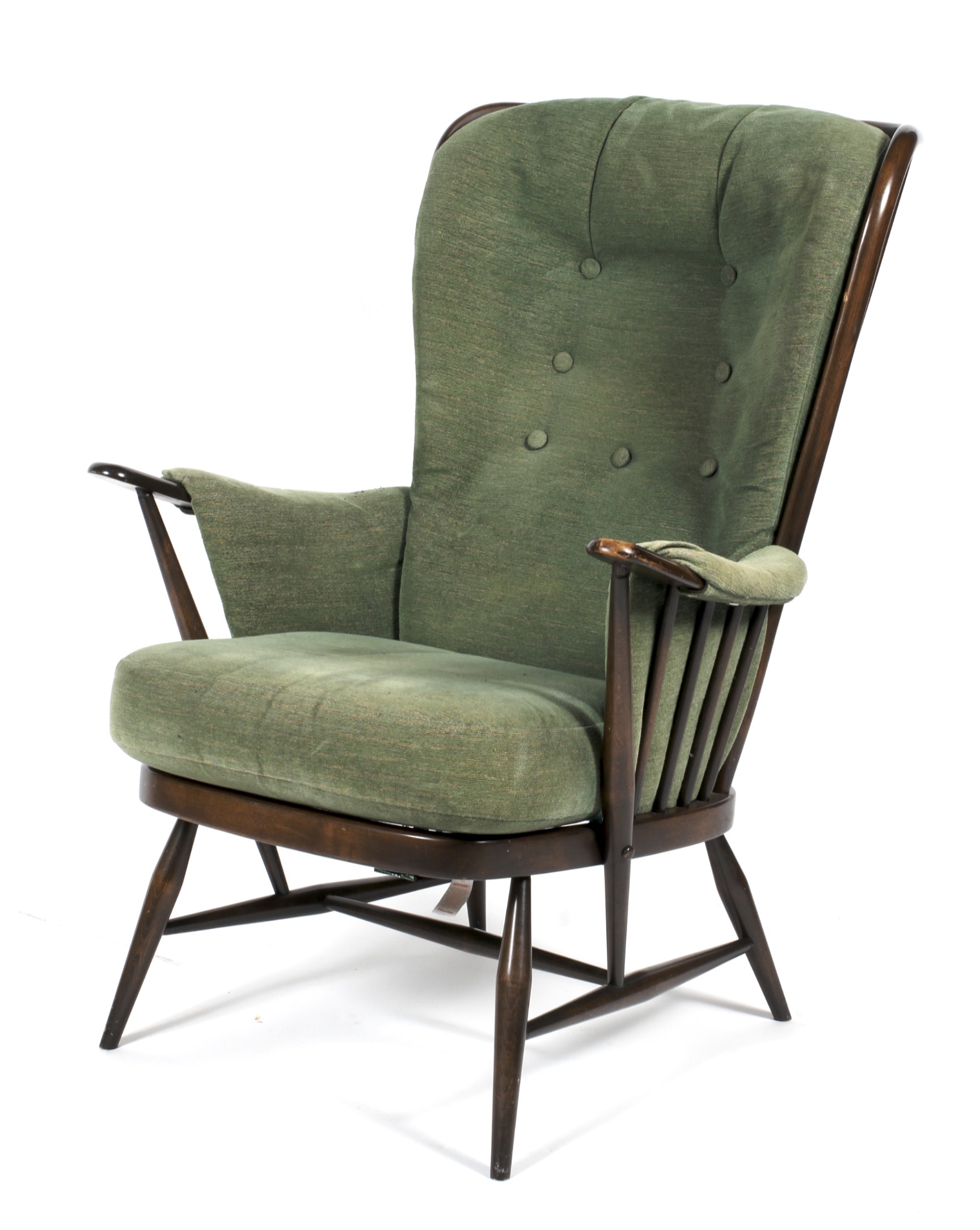 An Ercol dark stained buttoned back upholstered armchair.