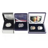 Four silver proof £5 coins 2000, 2002, 2003 and 2013. Each boxed with certificates.