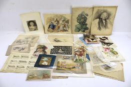 An assortment of 19th century watercolours, coloured prints and handmade illustrations.