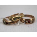 Three early 20th century 9ct gold rings. Set with gemstones and pearls. Total weight 5.