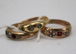 Three early 20th century 9ct gold rings. Set with gemstones and pearls. Total weight 5.