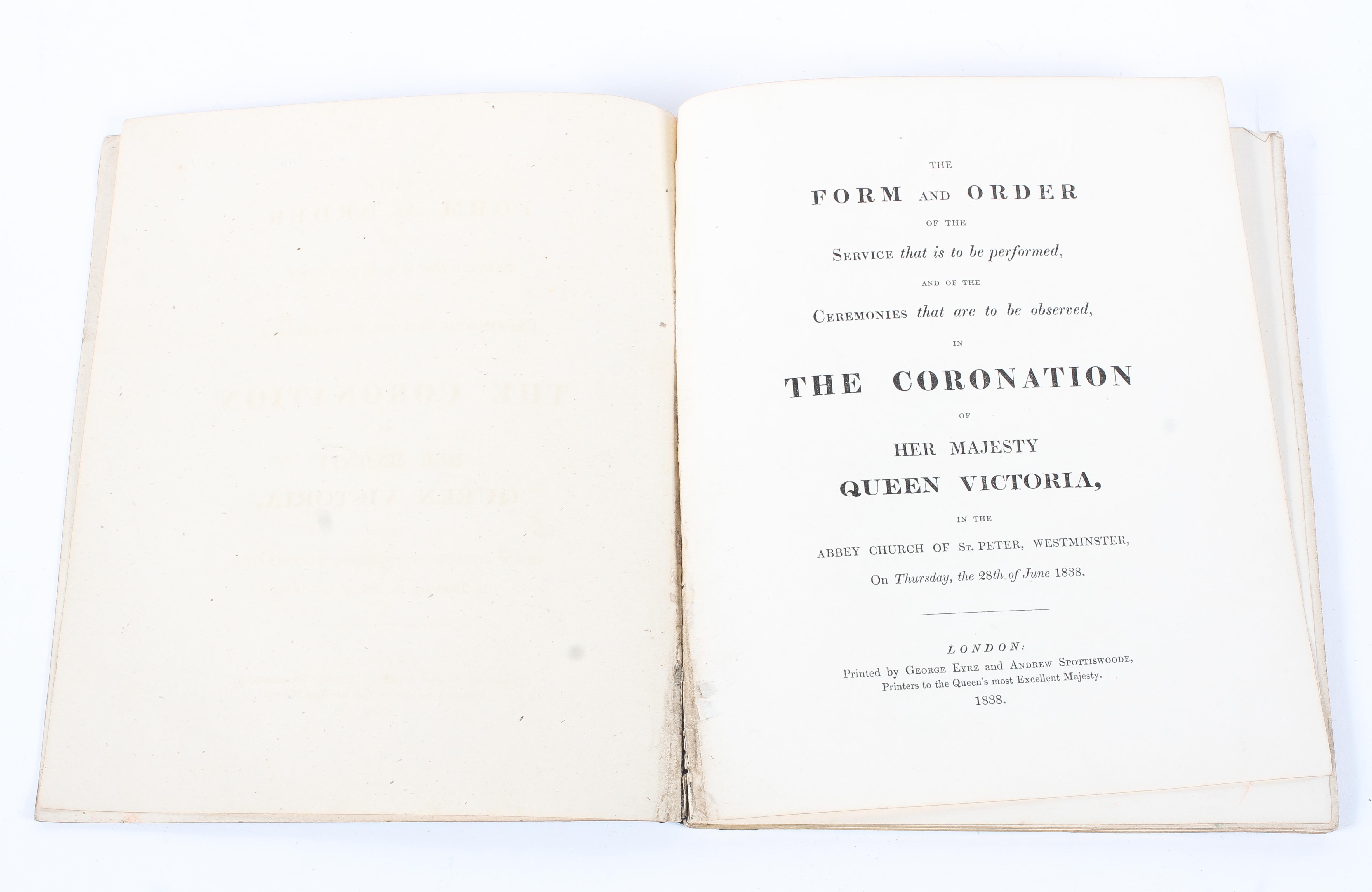 A copy of 'The Form and Order' of the Service for the coronation of Queen Victoria.