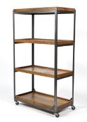 A contemporary industrial metal and oak shelving unit. With four shelves, on wheels, L77.