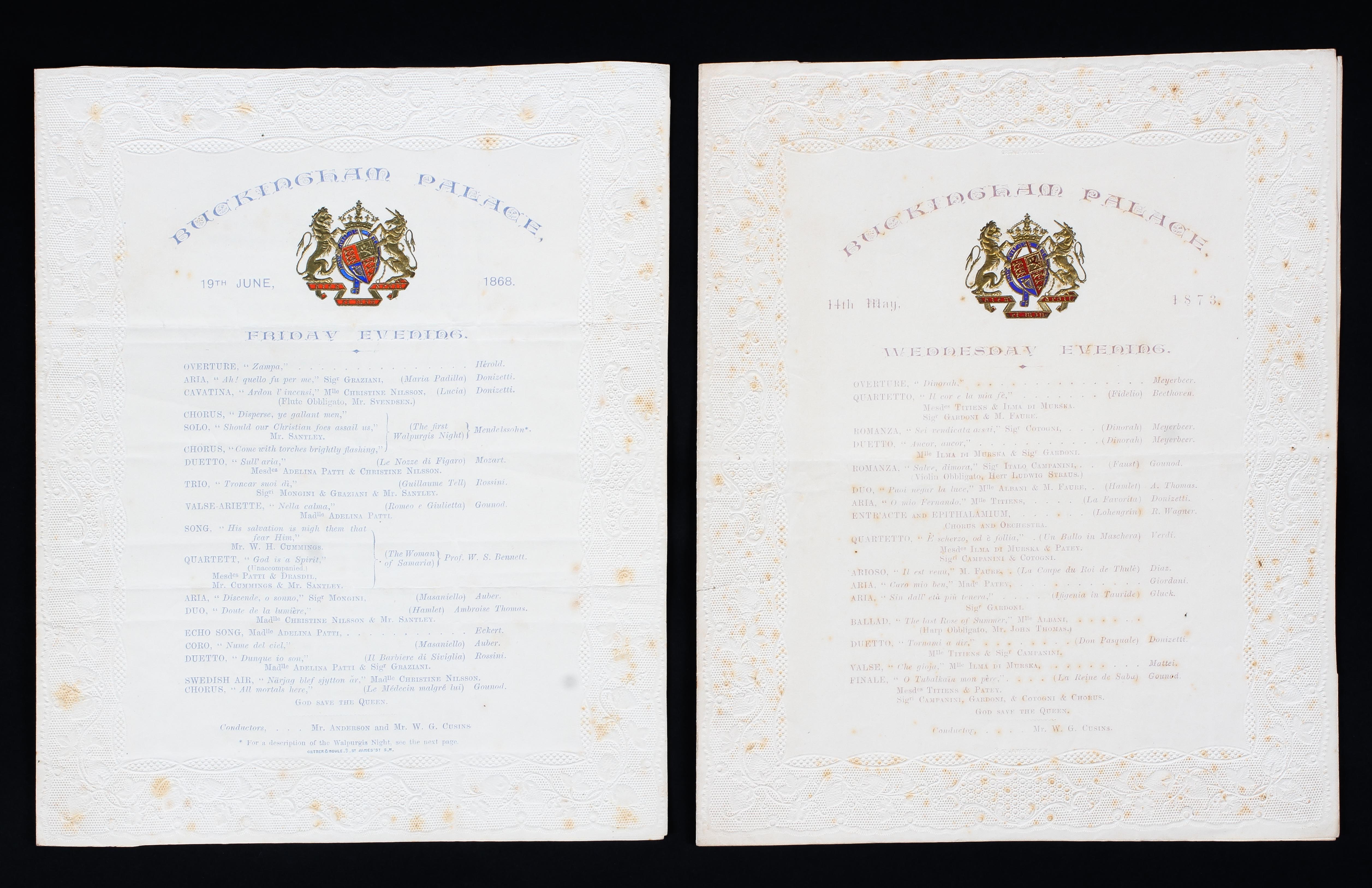 Two Buckingham Palace concert programmes from the reign of Queen Victoria.