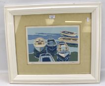 A contemporary signed limited edition print depicting moored boats.