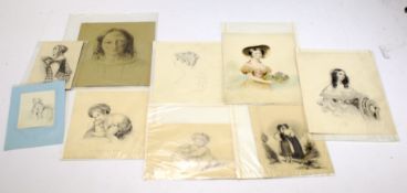 Nine 19th century pencil sketches and watercolours by female artists, circa 1930s.