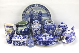 An assortment of blue and white ceramics.