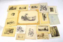 A collection of 19th century pencil sketches of landscapes and postcards drawn onto lace paper.