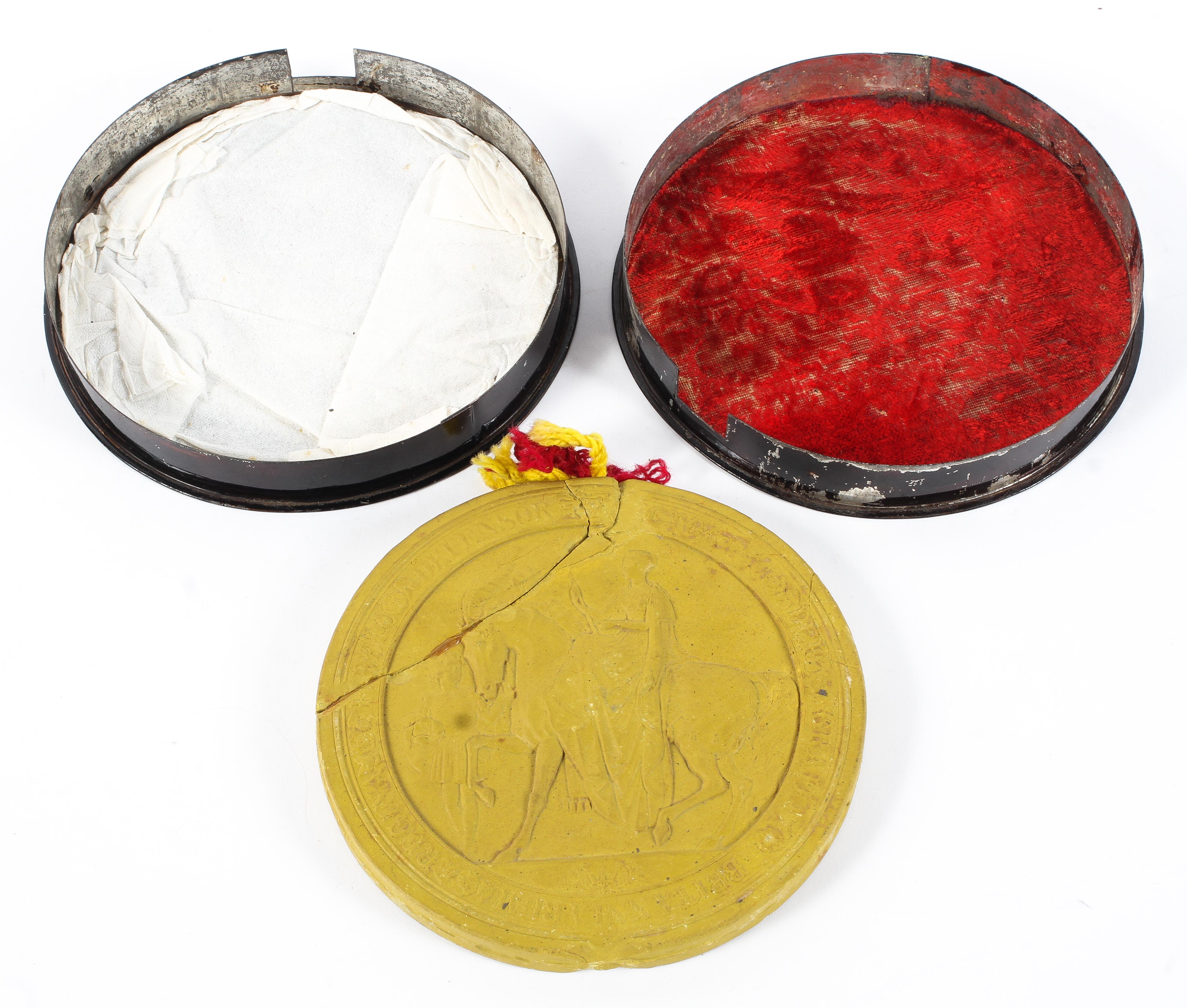 A Queen Victoria 'Great Seal of the Realm' and a handkerchief marked 'A Souvenir of the Record
