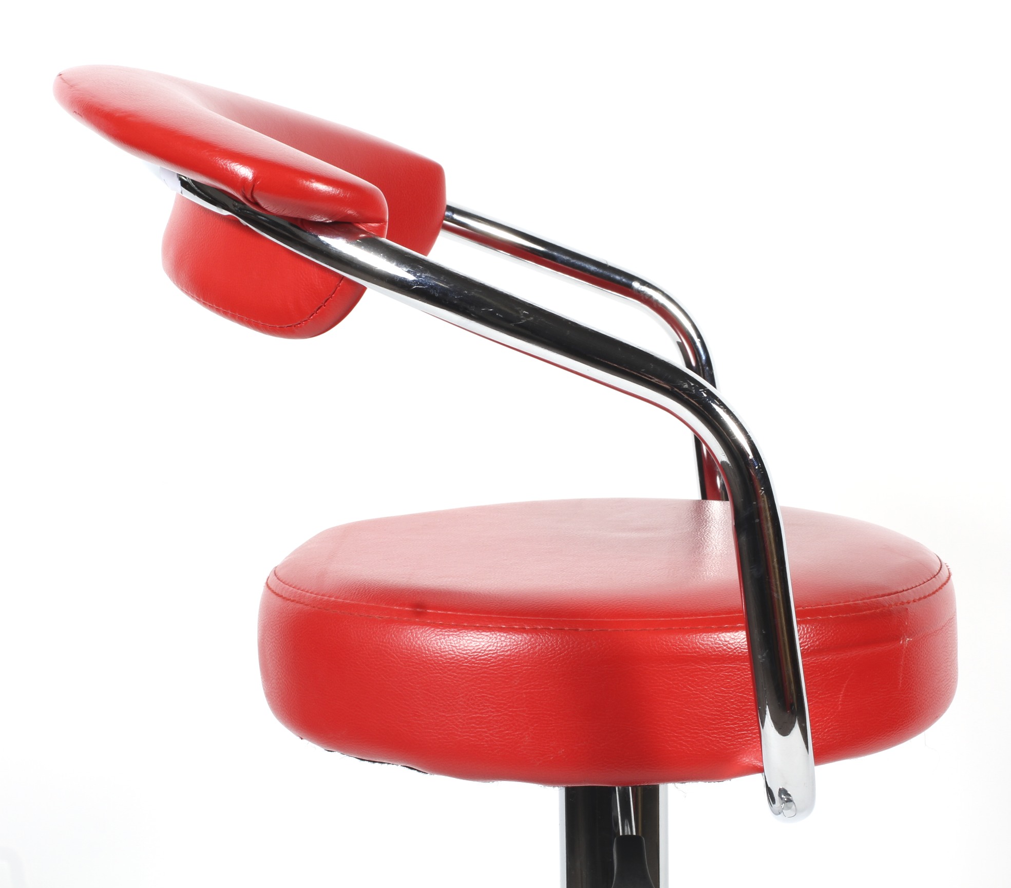 A chrome adjustable bar stool of tubular form upholstered in faux red leather. - Image 2 of 2