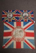 Three antique commemorative flags. One printed with the words 'H.R.H. George Duke of York' and 'H.S.