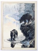Nina Scott Langley (1890-1964), watercolour and ink scene of with bears in wooded lake landscape.
