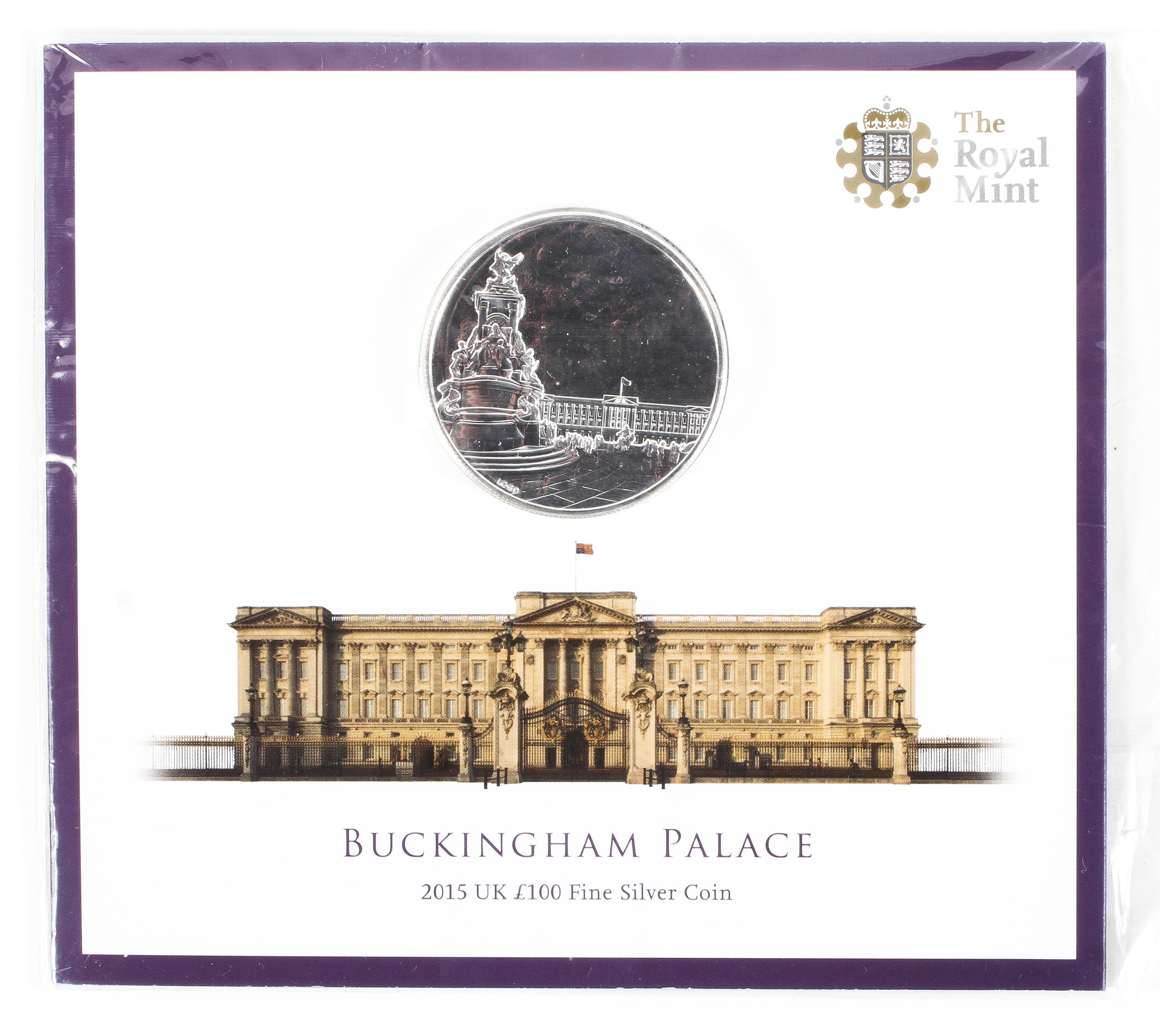A 2015 UK £100 fine silver coin. Commemorating Buckingham Palace, 999 grade silver. Weight 62.