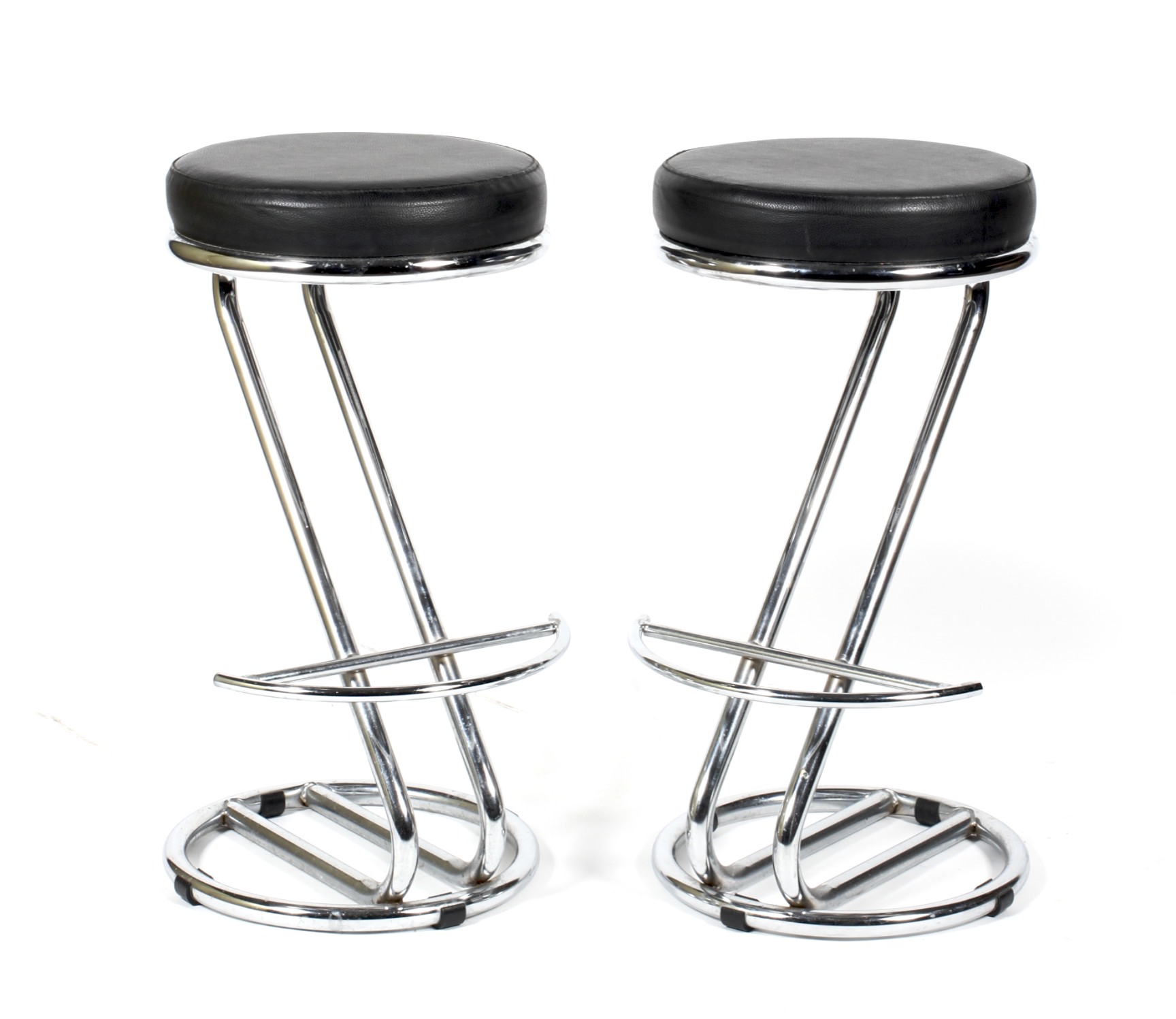 Two contemporary chrome and black leatherette bar stools.