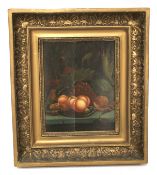 A continental style oil on board of a fruit still life. 18.5cm x 23.