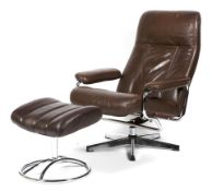 A Retro adjustable chrome and brown leather reclining swivel chair and footstool.