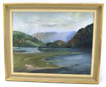 20th Century School, oil on canvas, lake and mountain landscape.