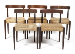 Five Danish teak 1960s rope cord dining chairs designed by Arne Hovmand for Mogens Kold.