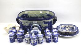 An assortment of blue and white ceramics.