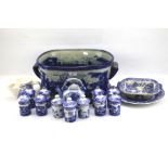 An assortment of blue and white ceramics.