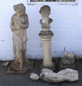 Three stone garden statues. In the form of a young man, a lady, and a bust of a lady on a pedestal.