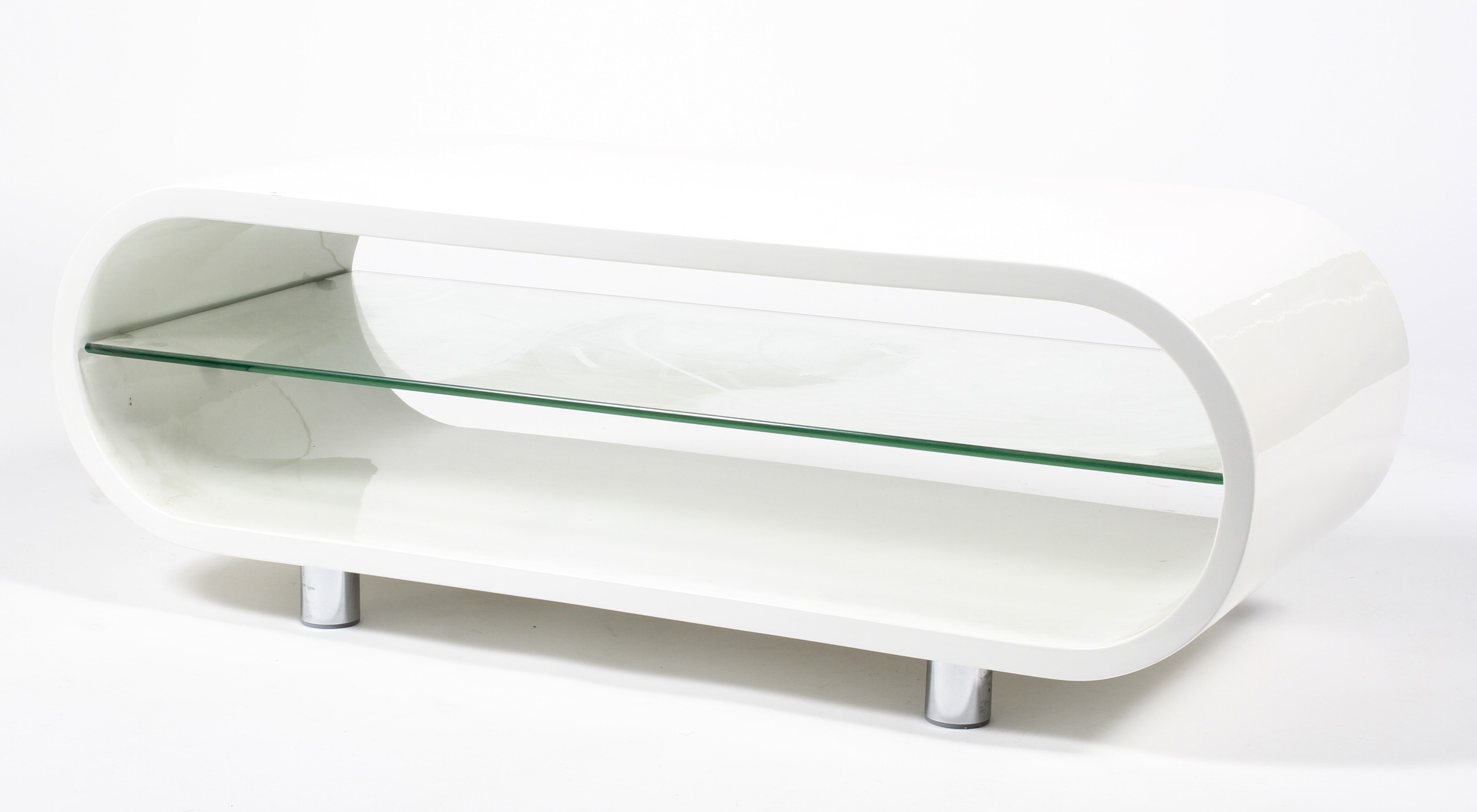 A contemporary 1960s style white gloss hoop coffee table/TV stand.