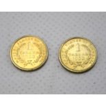 Two yellow metal 1853 one tallar coins. Total weight 2.