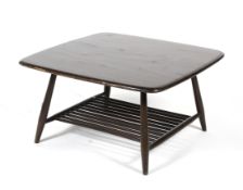 An Ercol dark elm square-shaped coffee table.