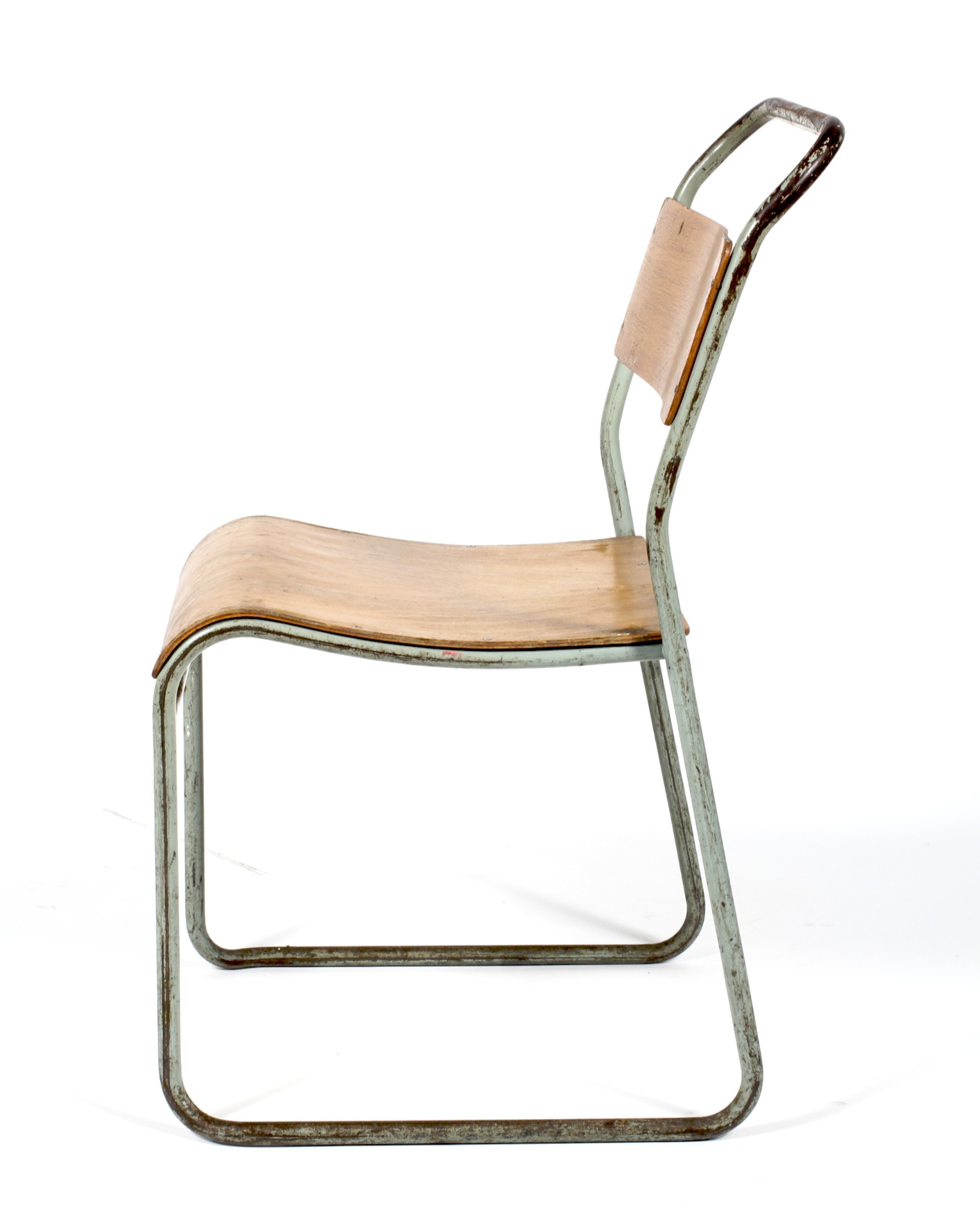 Seven mid-20th century REL vintage steel framed and bent plywood stackable chairs. - Image 2 of 3