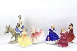 Five Royal Doulton ladies and a Lladro style Rex figure.