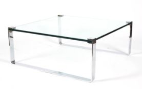 A large chrome and heavy glass coffee table designed by Friedrich Wilhelm Moller for Ronald Schmitt