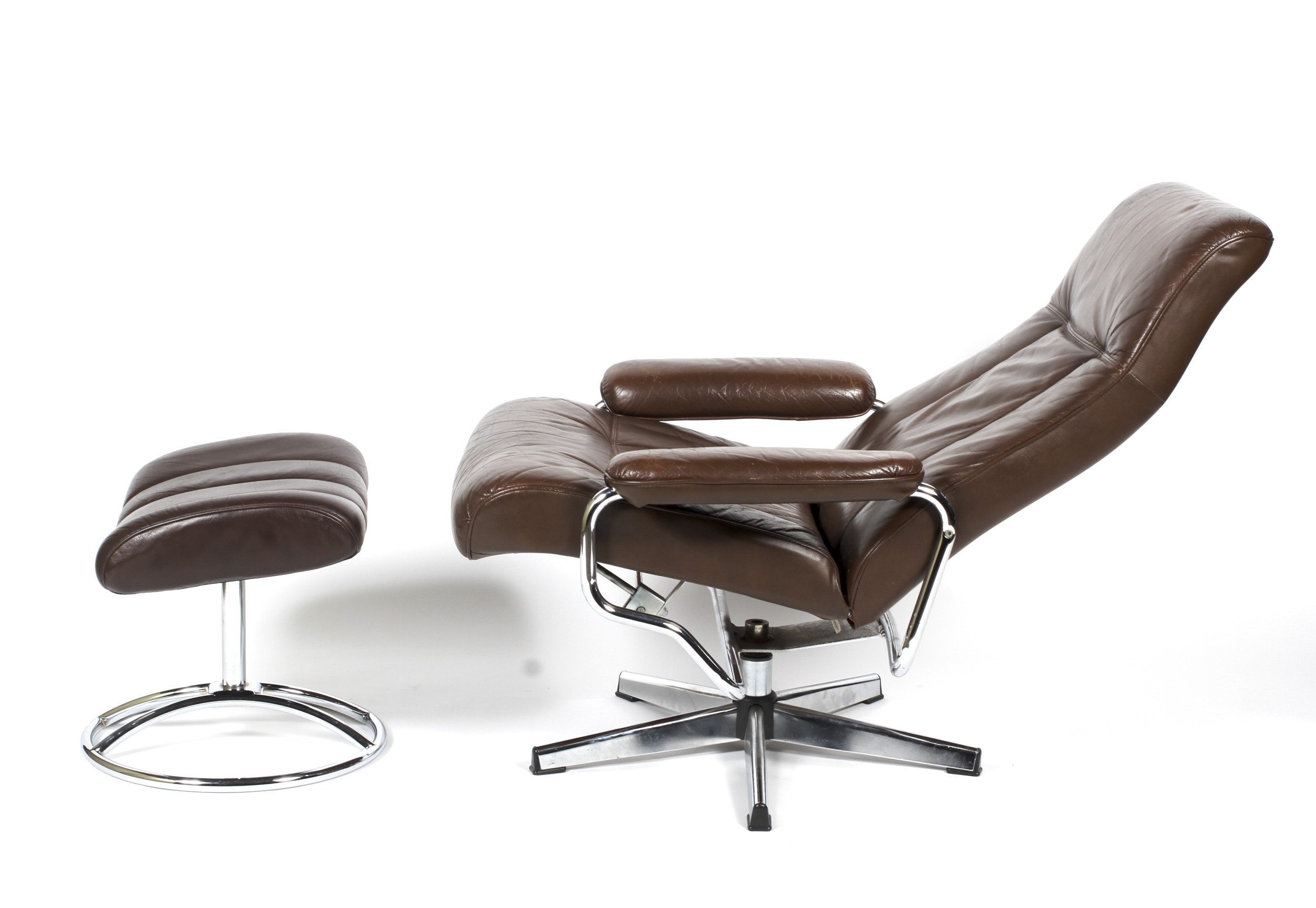 A Retro adjustable chrome and brown leather reclining swivel chair and footstool. - Image 2 of 2