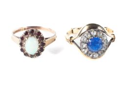 Two 9ct gold dress rings. Including an opal and garnet set ring.