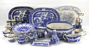 An assortment of blue and white ceramics.