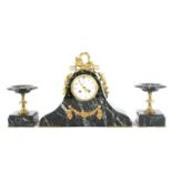 A French late 19th century marble and gilt-metal mounted three piece clock garniture.