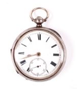 A late Victorian silver open faced pocket watch in leather watch holder.