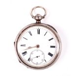 A late Victorian silver open faced pocket watch in leather watch holder.