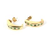Pair of 14ct gold diamond and emerald set hoop earrings, 6.
