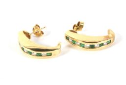 Pair of 14ct gold diamond and emerald set hoop earrings, 6.