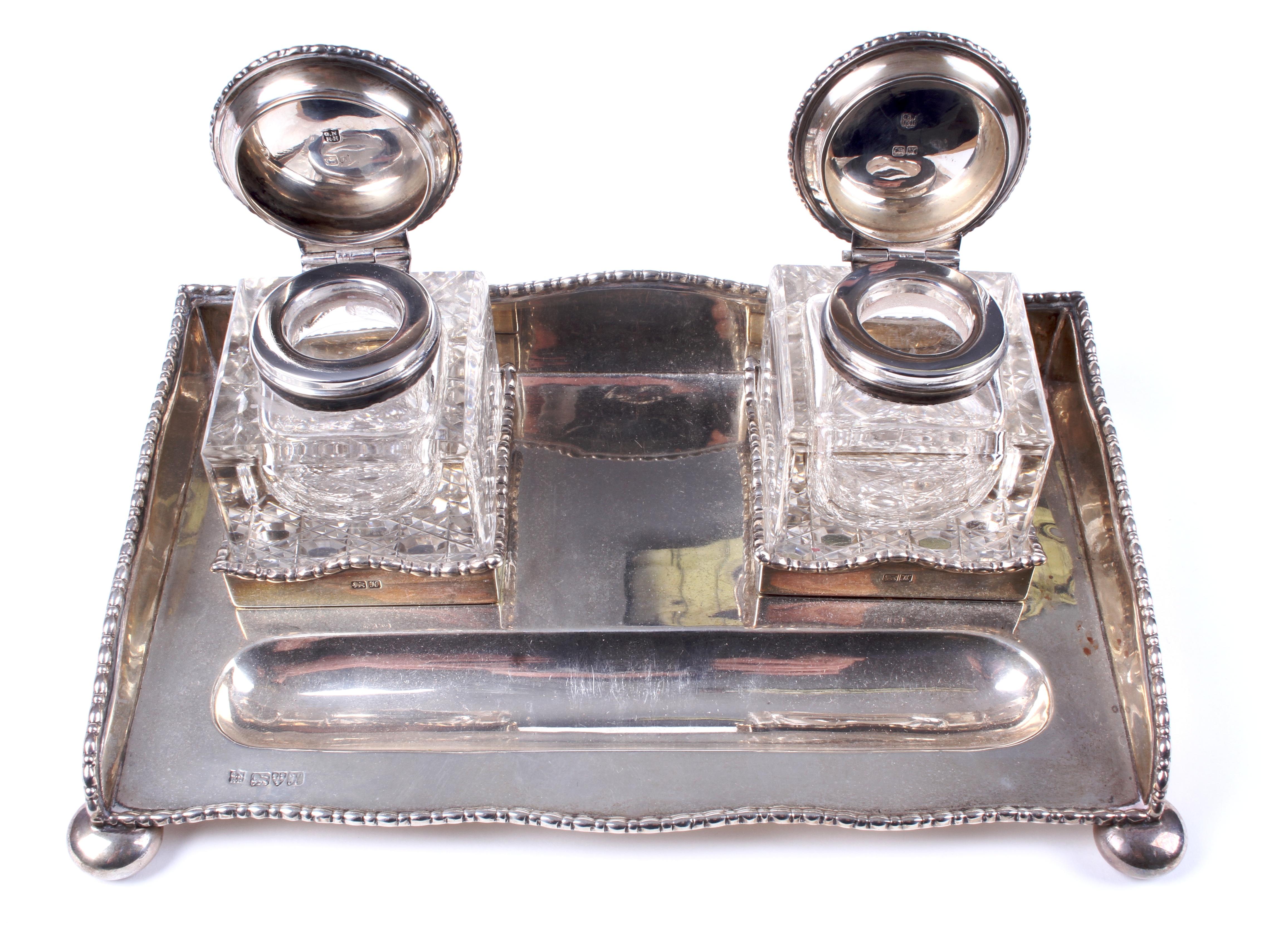 A silver inkstand fitted with two silver-topped glass inkwells. - Image 2 of 3