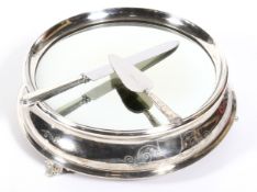 A 20th century silver plated cake stand fitted in an oak box with cake slice and knife.