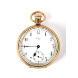 Gentleman's 9ct gold cased Waltham pocket watch with white enamel Arabic dial,
