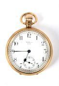 Gentleman's 9ct gold cased Waltham pocket watch with white enamel Arabic dial,